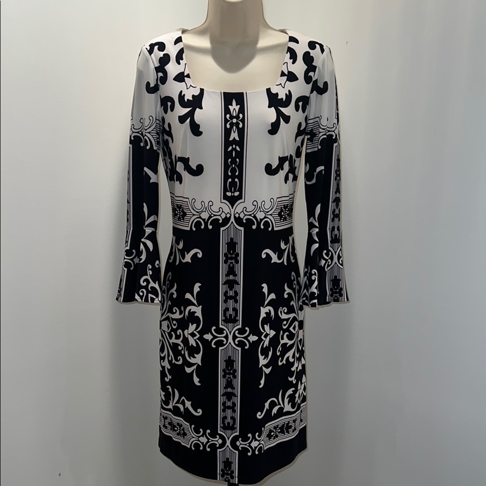 Black and White Long Sleeve Sheath Dress with Bell Sleeves
